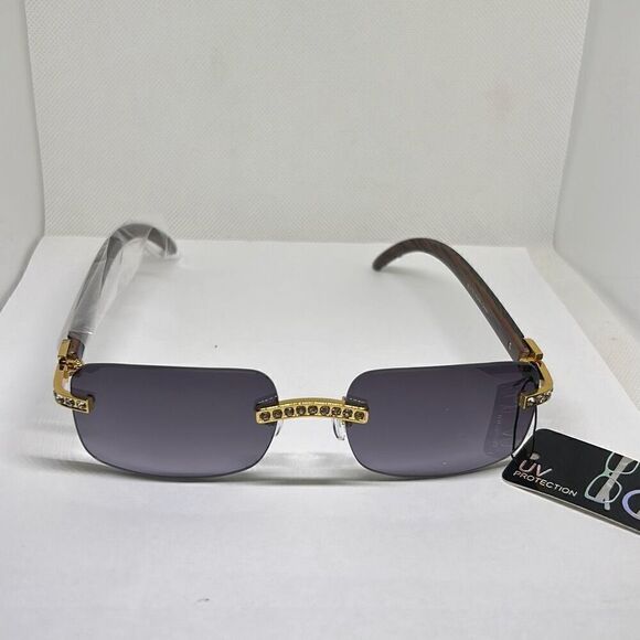 Rimless Rhinestone Wood Print Women’s Sunglasses - Picture 3 of 3